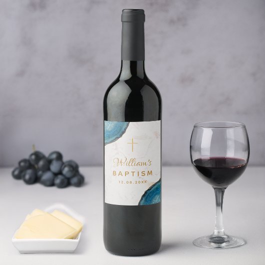 Boy Baptism Blue Geode Gold Cross White Marmor Weinetikett