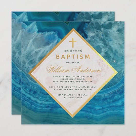 Boy Baptism Blue Geode Imitats Gold Cross Marmor Einladung (Vorne/Hinten)