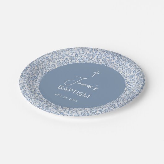 Boy Baptism Blue White Floral Pattern Christening Pappteller (Schrägansicht)