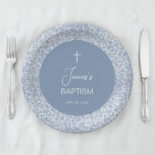 Boy Baptism Blue White Floral Pattern Christening Pappteller