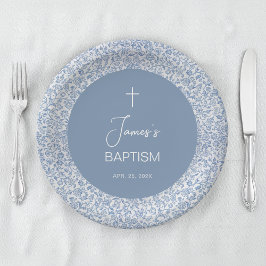 Boy Baptism Blue White Floral Pattern Christening Pappteller
