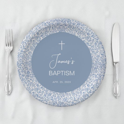 Boy Baptism Blue White Floral Pattern Christening Pappteller