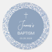 Boy Baptism Blue White Floral Pattern Christening Runder Aufkleber (Vorderseite)