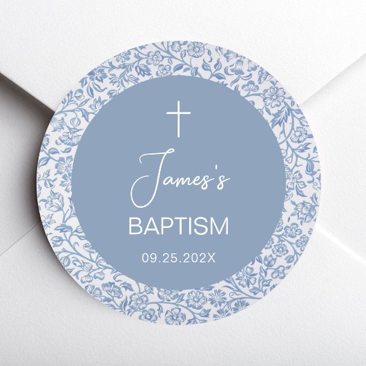 Boy Baptism Blue White Floral Pattern Christening Runder Aufkleber