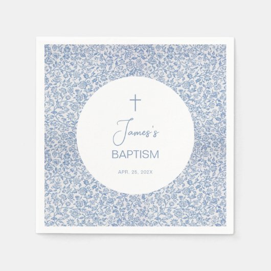 Boy Baptism Blue White Floral Pattern Christening  Serviette (Vorderseite)