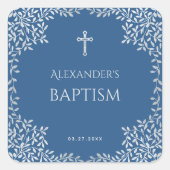 Boy Baptism Classic Blue Imitats Silver Blätter Cr Quadratischer Aufkleber (Vorderseite)