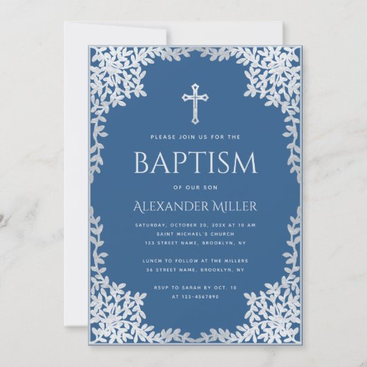 Boy Baptism Classic Blue Imitats Silver Blätter Ve Einladung (Vorderseite)