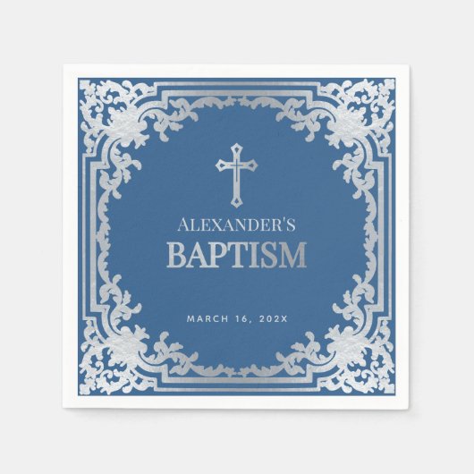 Boy Baptism Classic Elegante Blaue Imitate Silbert Serviette (Vorderseite)