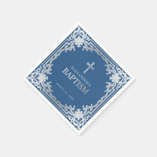 Boy Baptism Classic Elegante Blaue Imitate Silbert Serviette (Ecke)