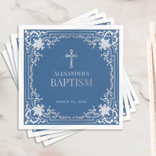 Boy Baptism Classic Elegante Blaue Imitate Silbert Serviette