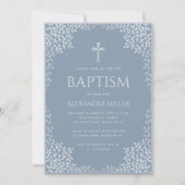 Boy Baptism Dusty Blue Elegant Imitats Silver Blät Einladung (Vorderseite)