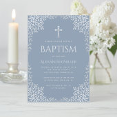Boy Baptism Dusty Blue Elegant Imitats Silver Blät Einladung