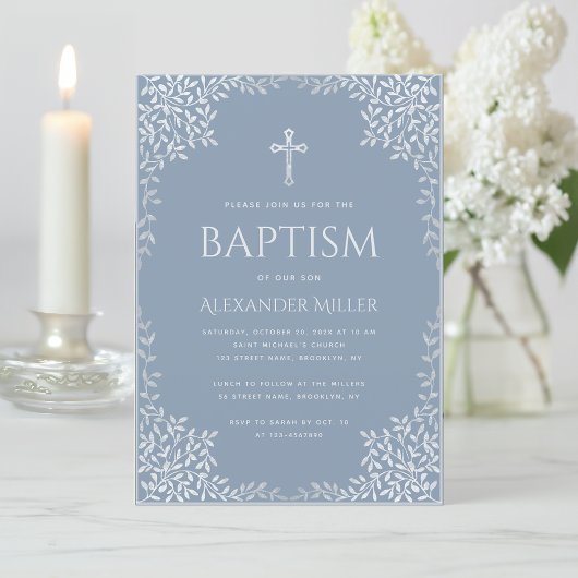 Boy Baptism Dusty Blue Elegant Imitats Silver Blät Einladung