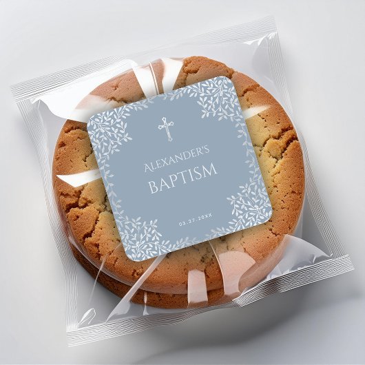 Boy Baptism Dusty Blue Elegant Imitats Silver Blät Quadratischer Aufkleber