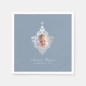 Boy Baptism Dusty Blue Elegante Imitate Silver Fot Serviette (Vorderseite)