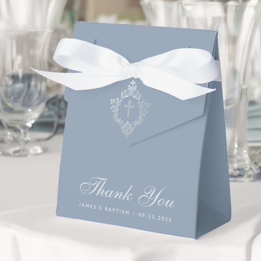 Boy Baptism Dusty Blue Elegantes Wappen Vielen Dan Geschenkschachtel