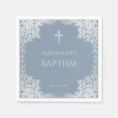 Boy Baptism Dusty Blue Imitats Silver Blätter Eleg Serviette (Vorderseite)