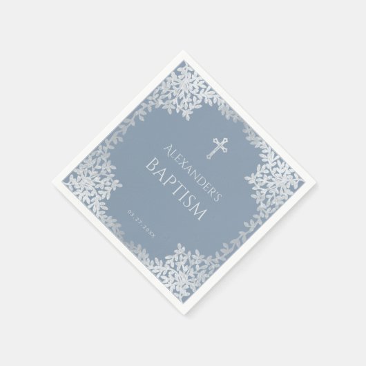 Boy Baptism Dusty Blue Imitats Silver Blätter Eleg Serviette (Ecke)