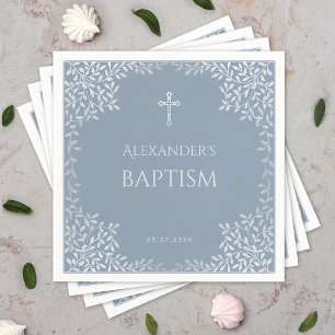 Boy Baptism Dusty Blue Imitats Silver Blätter Eleg Serviette