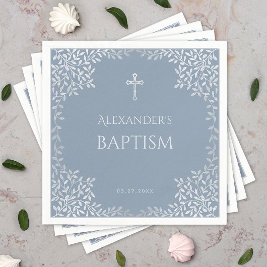 Boy Baptism Dusty Blue Imitats Silver Blätter Eleg Serviette