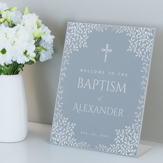 Boy Baptism Dusty Blue Imitats Silver Blätter Will Sockelschild