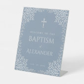Boy Baptism Dusty Blue Imitats Silver Blätter Will Sockelschild (Vorderseite)