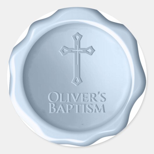 Boy Baptism Dusty Blue Wax Siegel Embossed Cross Runder Aufkleber (Vorderseite)