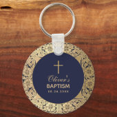 Boy Baptism Elegant Navy Blue Vintag Gold Rose Schlüsselanhänger (Vorderseite)