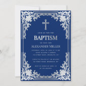 Boy Baptism Elegant Royal Blue Imitats Silver Cros Einladung (Vorderseite)
