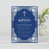 Boy Baptism Elegant Royal Blue Imitats Silver Cros Einladung (Stehend Vorderseite)