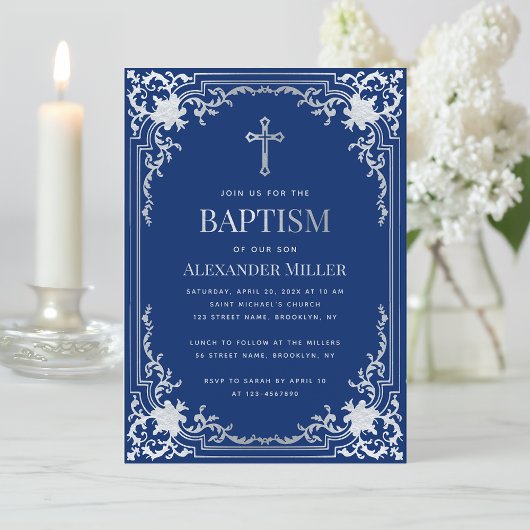 Boy Baptism Elegant Royal Blue Imitats Silver Cros Einladung