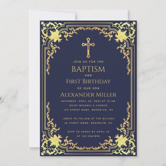 Boy Baptism First Birthday Navy Blue Gold Elegant Einladung (Vorderseite)