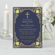 Boy Baptism First Birthday Navy Blue Gold Elegant