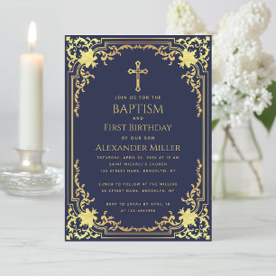 Boy Baptism First Birthday Navy Blue Gold Elegant Einladung