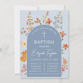 Boy Baptism Floral Blue Arch Wildblumen Religiöse Einladung (Vorderseite)