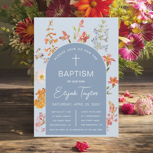 Boy Baptism Floral Blue Arch Wildblumen Religiöse Einladung