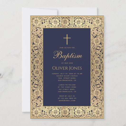 Boy Baptism Floral Gold Frame Navy Blue Elegant Einladung (Vorderseite)