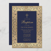 Boy Baptism Floral Gold Frame Navy Blue Elegant Einladung (Vorne/Hinten)