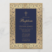 Boy Baptism Floral Gold Frame Navy Blue Elegant Einladung (Vorderseite)