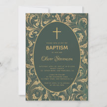 Boy Baptism Gold Thistle Cross Green Oval Elegante