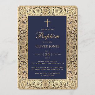 Boy Baptism Navy Blue Gold Floral Frame Elegant Einladung