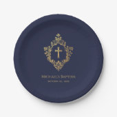Boy Baptism Navy Blue Imitats Gold Wappen Religiös Pappteller (Vorderseite)