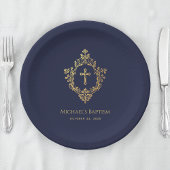 Boy Baptism Navy Blue Imitats Gold Wappen Religiös Pappteller