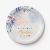 Boy baptism religious modern blue floral watercolr pappteller (Vorderseite)