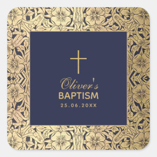 Boy Baptism Vintag Gold Rose Navy Blue Elegant Quadratischer Aufkleber