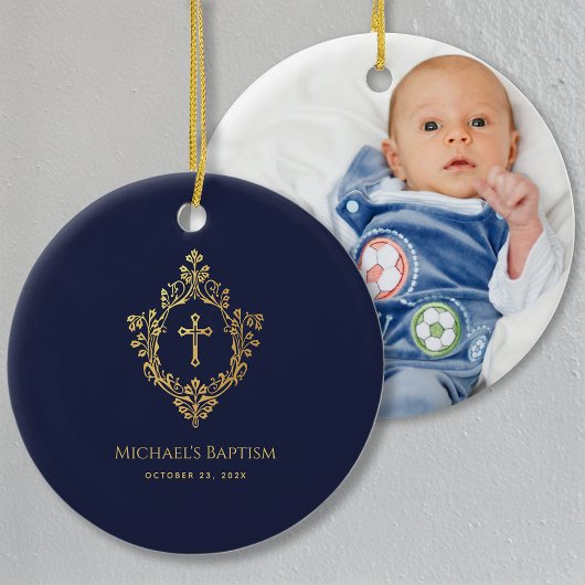 Boy Baptism Wappen Navy Blue Elegante Imitate Gold Keramik Ornament