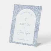 Boy Baptism Welcome Blue White Arch Floral Pattern Sockelschild (Vorderseite)