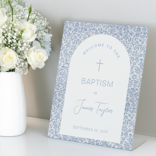 Boy Baptism Welcome Blue White Arch Floral Pattern Sockelschild