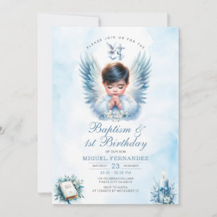 Boy Baptisse & 1. Geburtstag Blaues Blumenkreuz Einladung