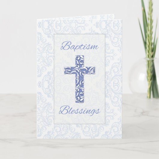 Boy Baptisse Blessings Blue Cross Damask Wirbel Karte (Vorderseite)